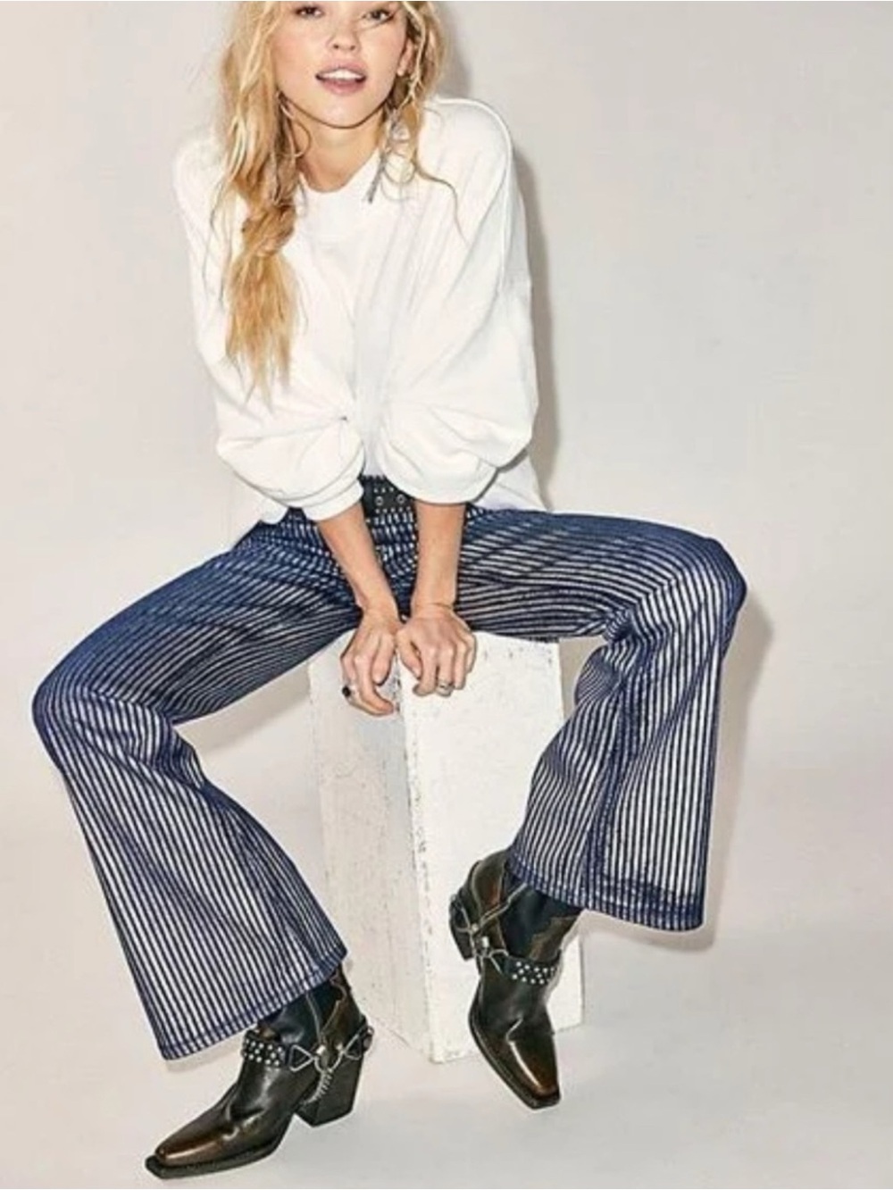 Free People We the Free Metallic Blue Flare Jeans with Silver Finish